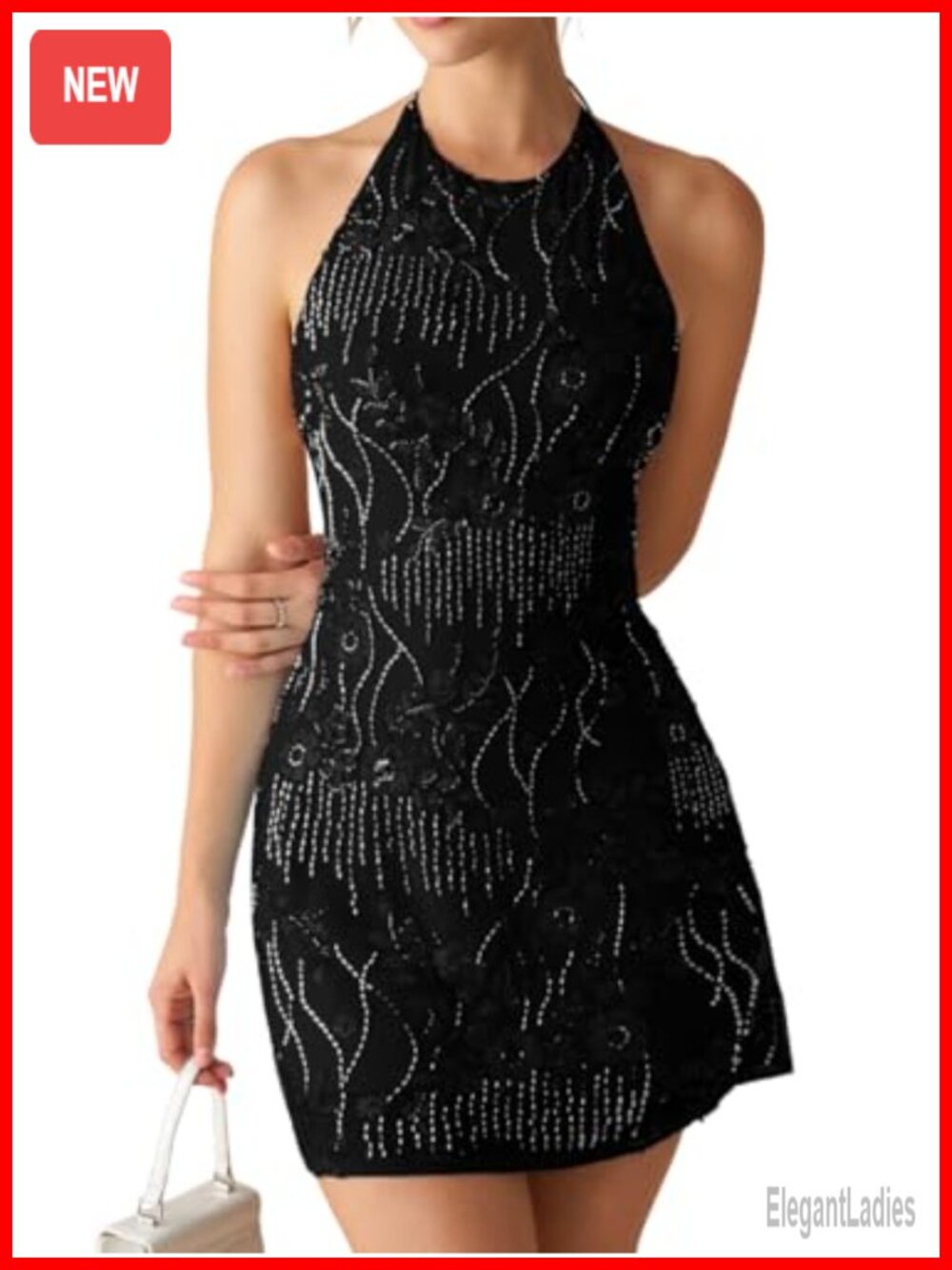 Women Sequin Rhinestone Floral Embellished Halter Mini Dress Backless Homecoming